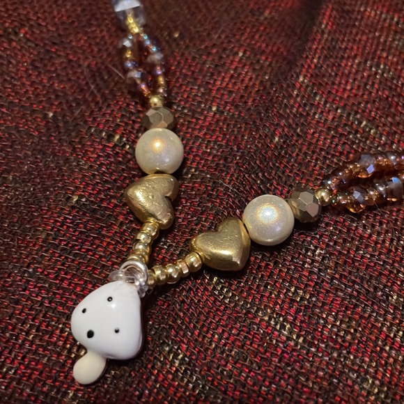 Mushroom & Gold Hearts Choker W Multifaceted Crystals & Glass & Goldtone Beads - Picture 6 of 7